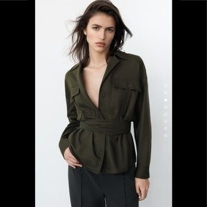 Women Zara Belted Pocket Shirt Dark Khaki Size XS
